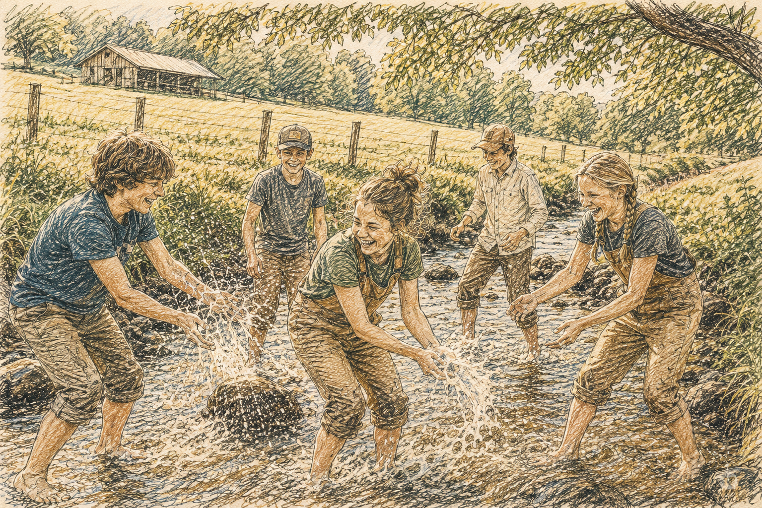 Students splashing and exploring at the creek in spring