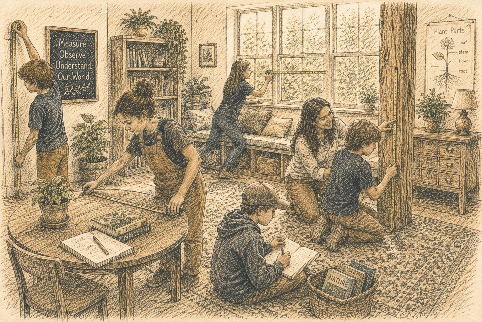 Students measuring and observing in a cozy learning room