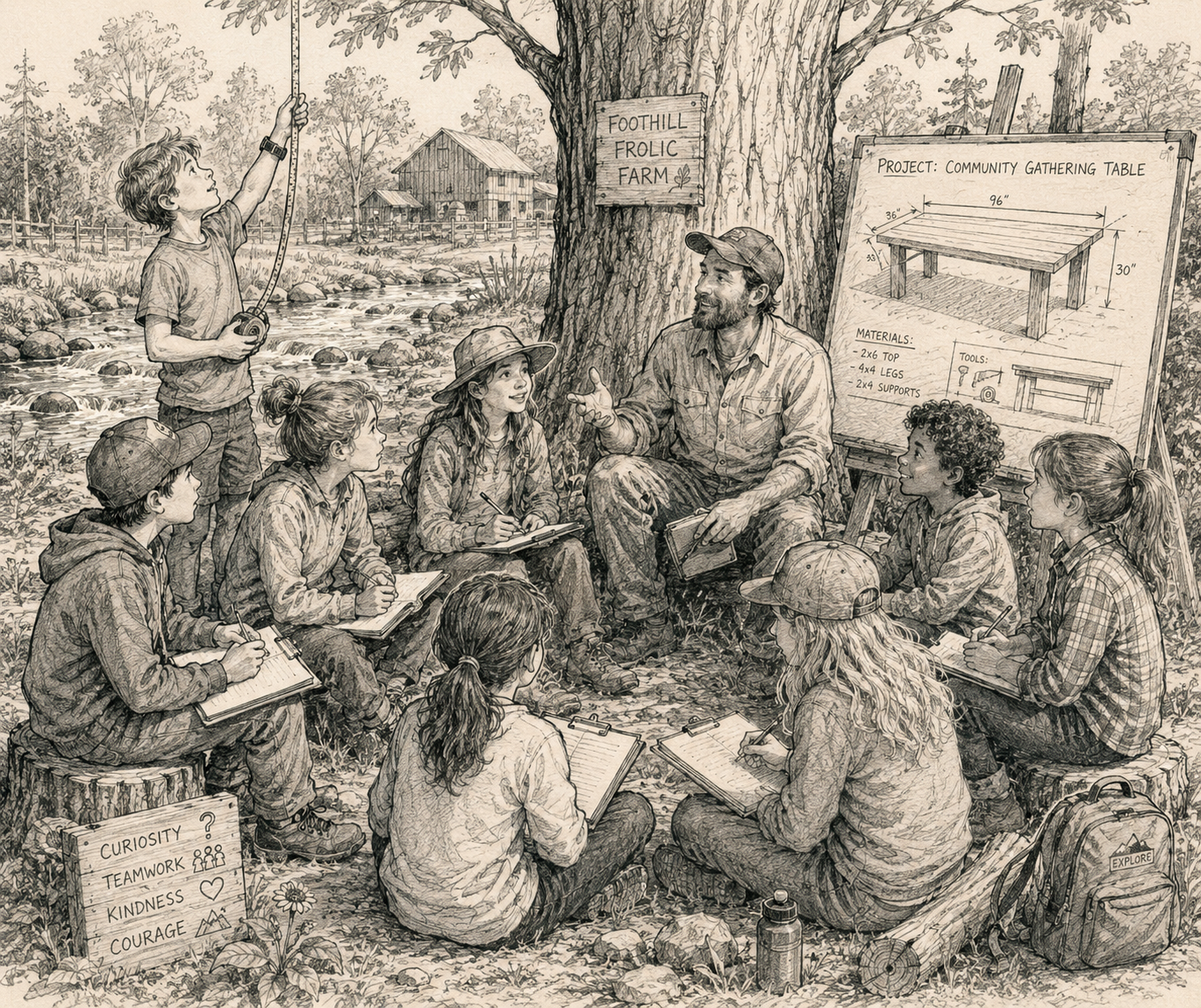 Children gathered around an instructor at Foothill Frolic Farm with a project blueprint