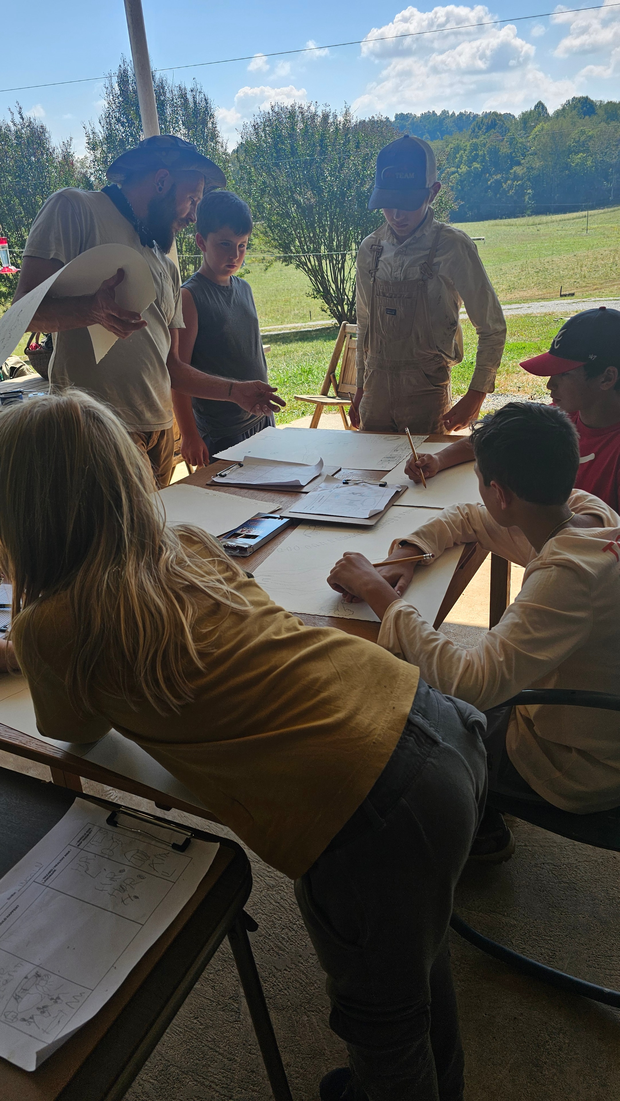 Students and a guide gathered around an outdoor table working on hand-drawn maps together