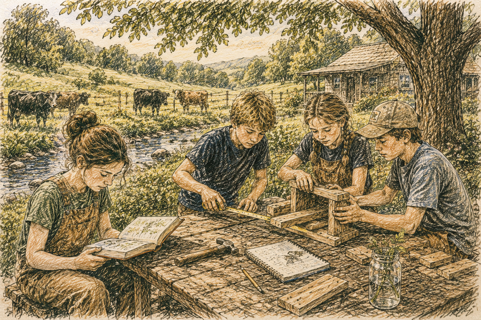 Children learning and building together at Foothill Frolic Farm